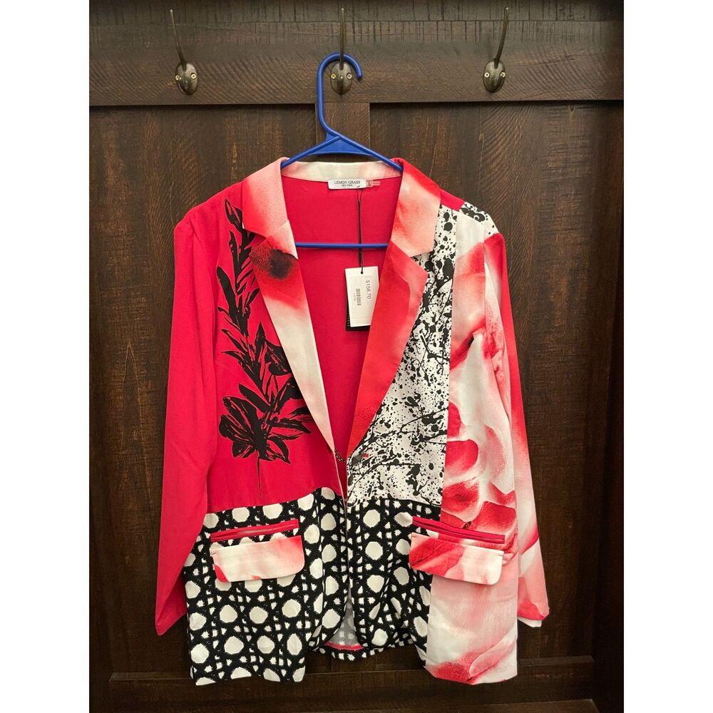 Lemon Grass New York NWT Hand Printed Art Blazer Jacket L Red Black Abstract